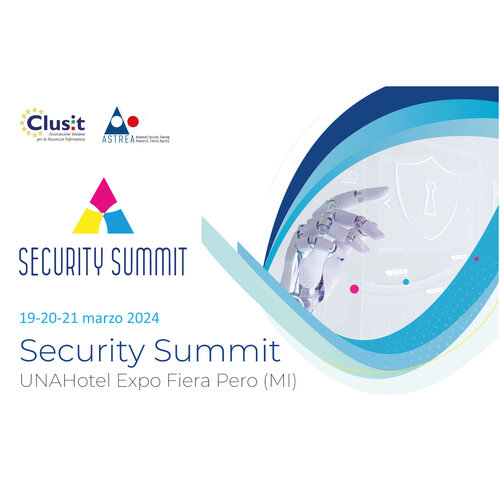 Eventgrafik Security Summit vom 19.–21.03.24 im UNAHotel Expo Fiera Pero (Mailand) mit Clusit- und ASTRE-Logos und Cybersecurity-Motiv
